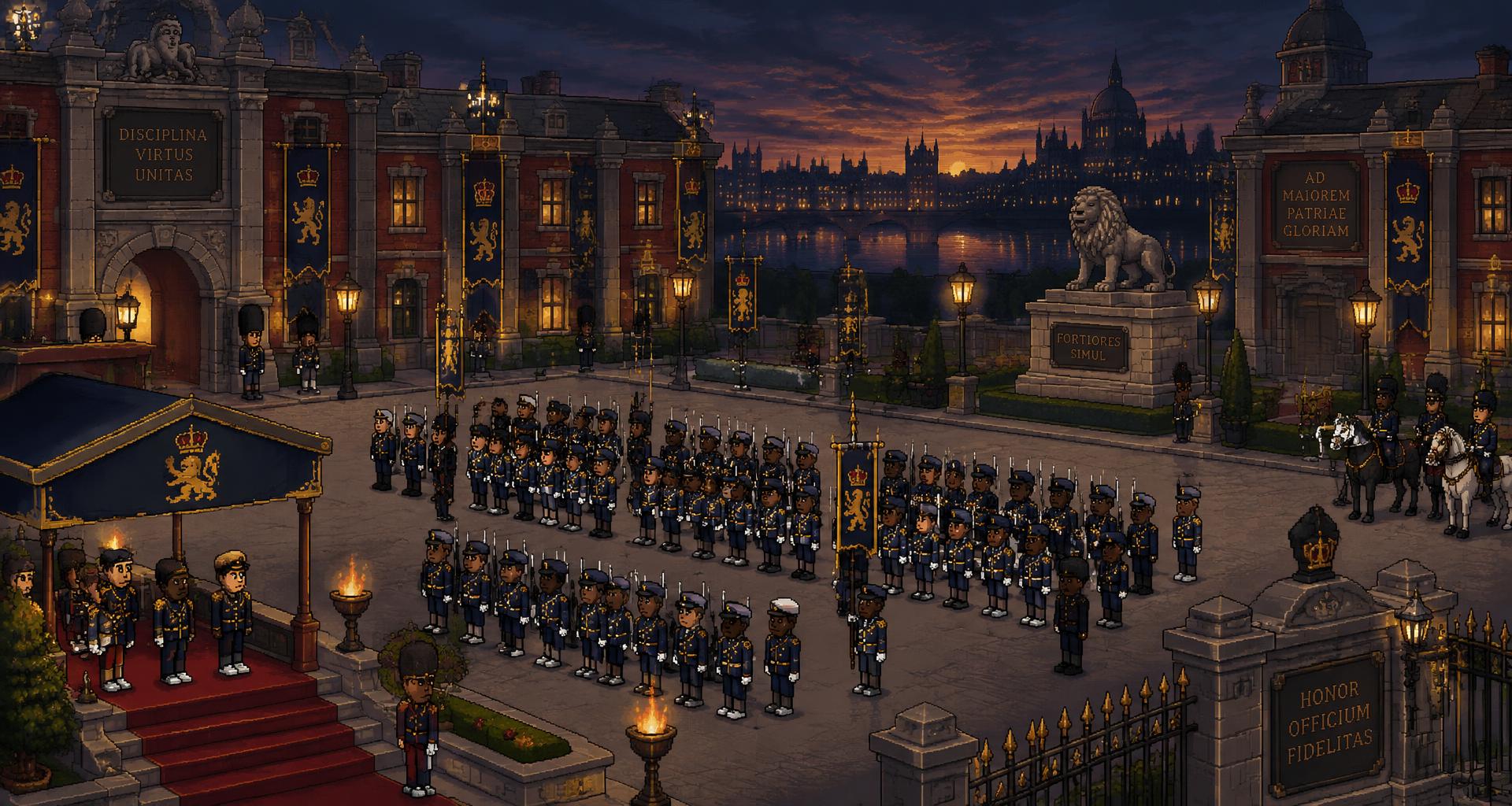 Pixel-art HABBO BAF parade ground at dusk